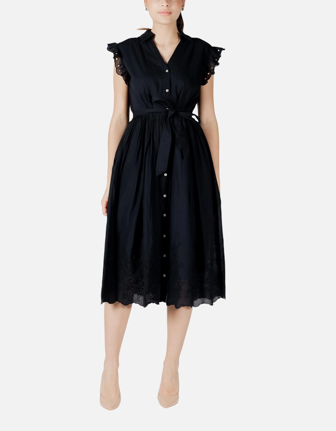 Sleeveless V-Neck Dress with Belt Women - Black Dresses, 4 of 3
