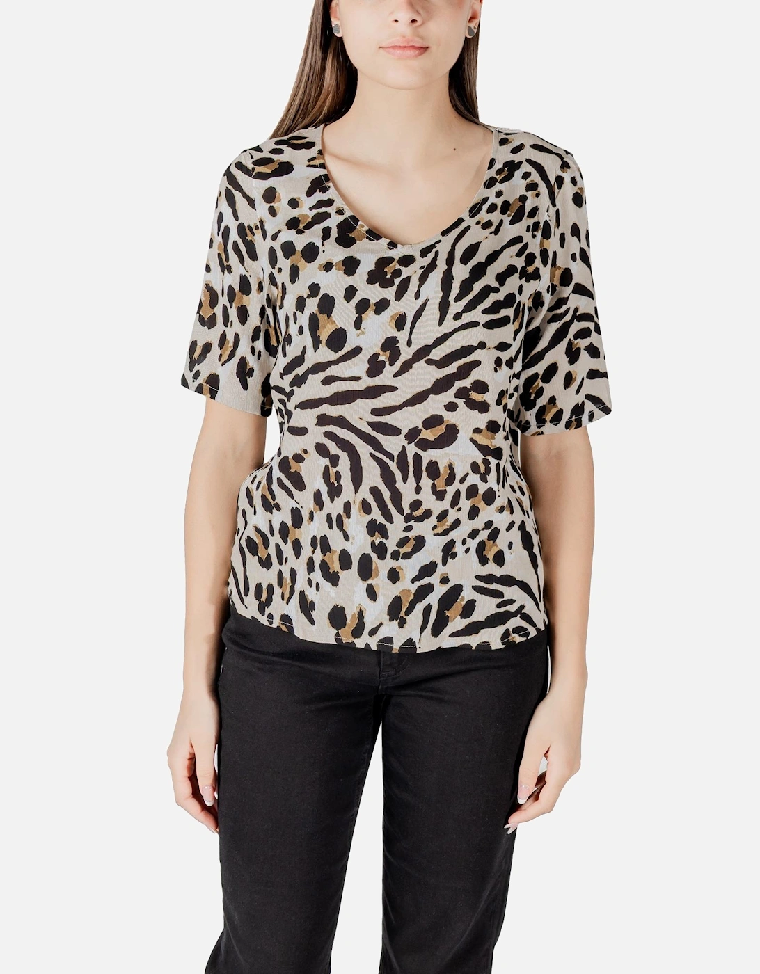 Leopard Print V-Neck Short Sleeve Blouse Women - Beige, 4 of 3