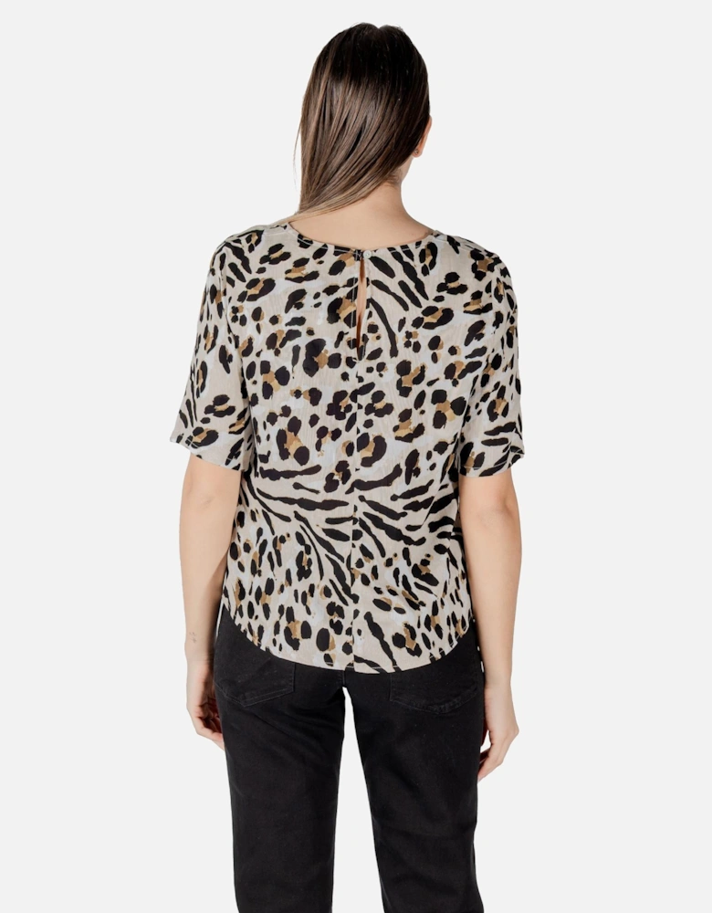 Leopard Print V-Neck Short Sleeve Blouse Women - Beige