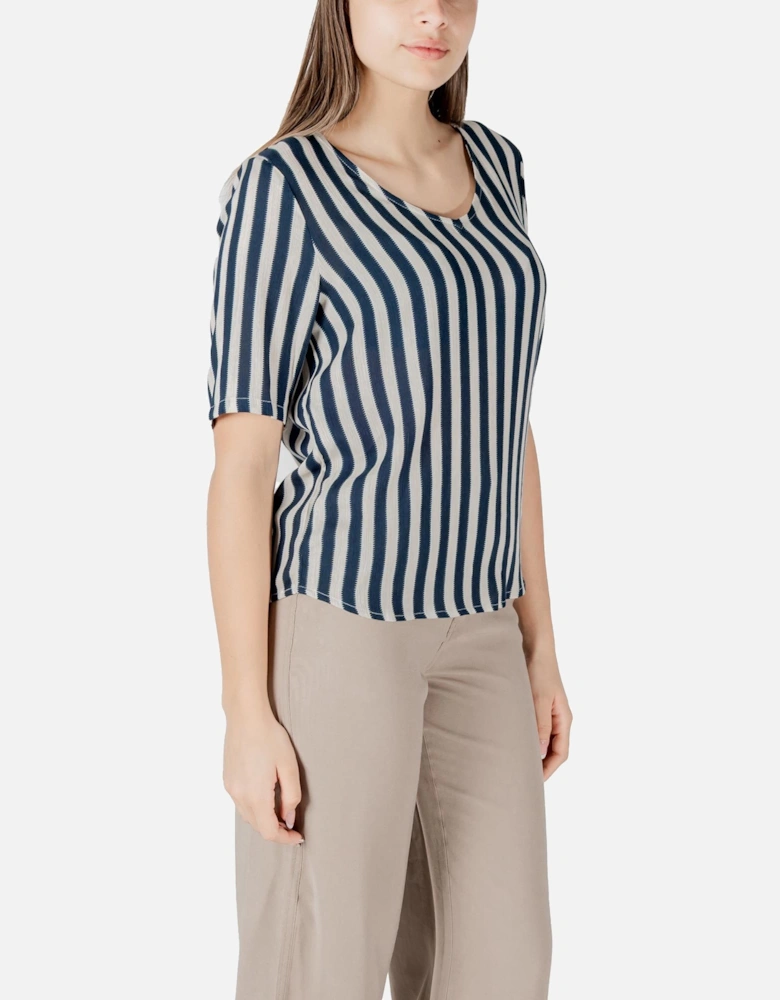 Striped V-Neck Short Sleeve Blouse Women - Blue