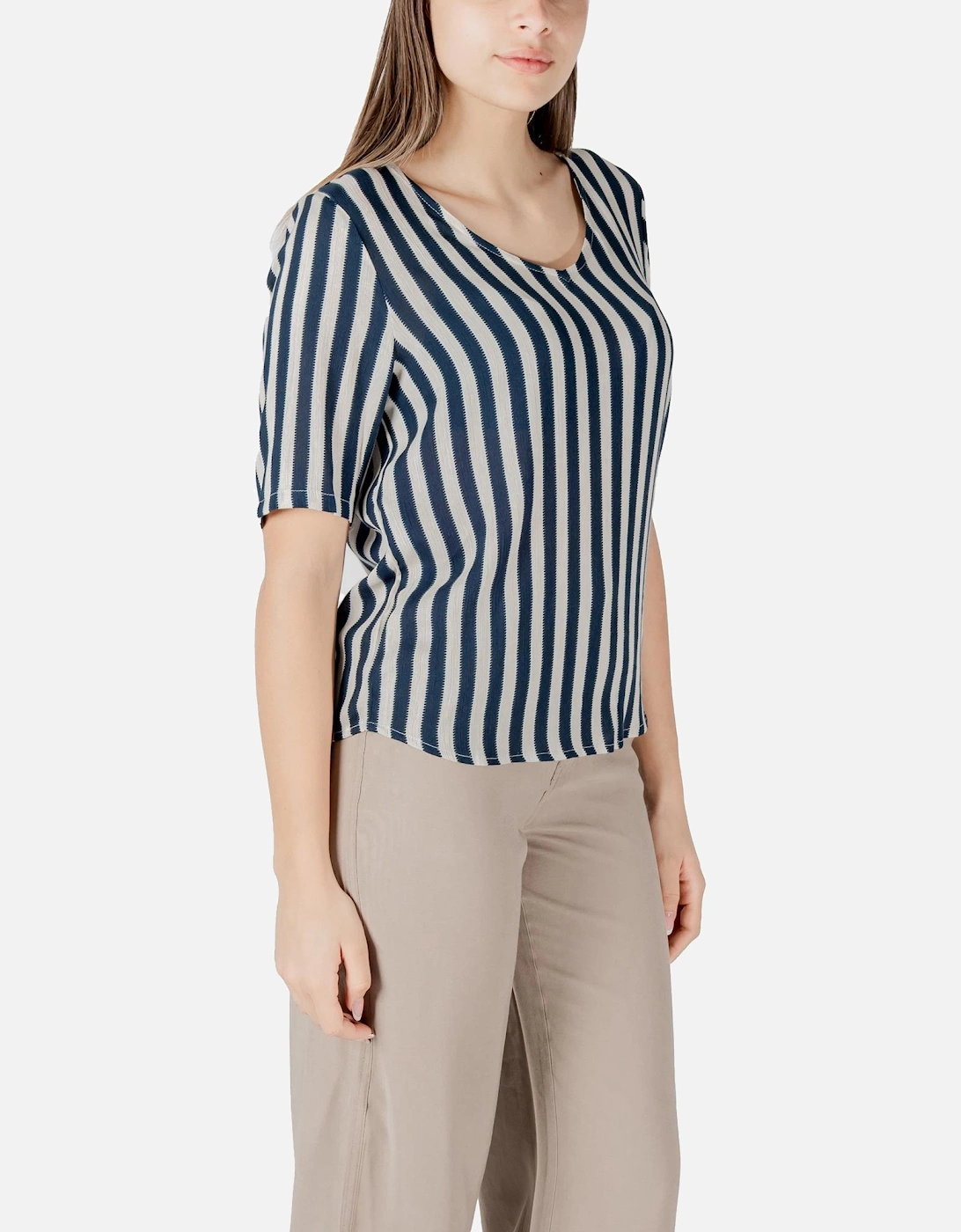 Striped V-Neck Short Sleeve Blouse Women - Blue