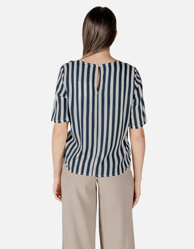 Striped V-Neck Short Sleeve Blouse Women - Blue