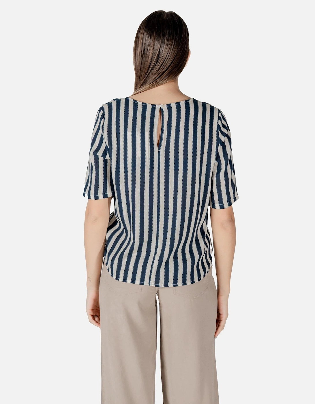 Striped V-Neck Short Sleeve Blouse Women - Blue