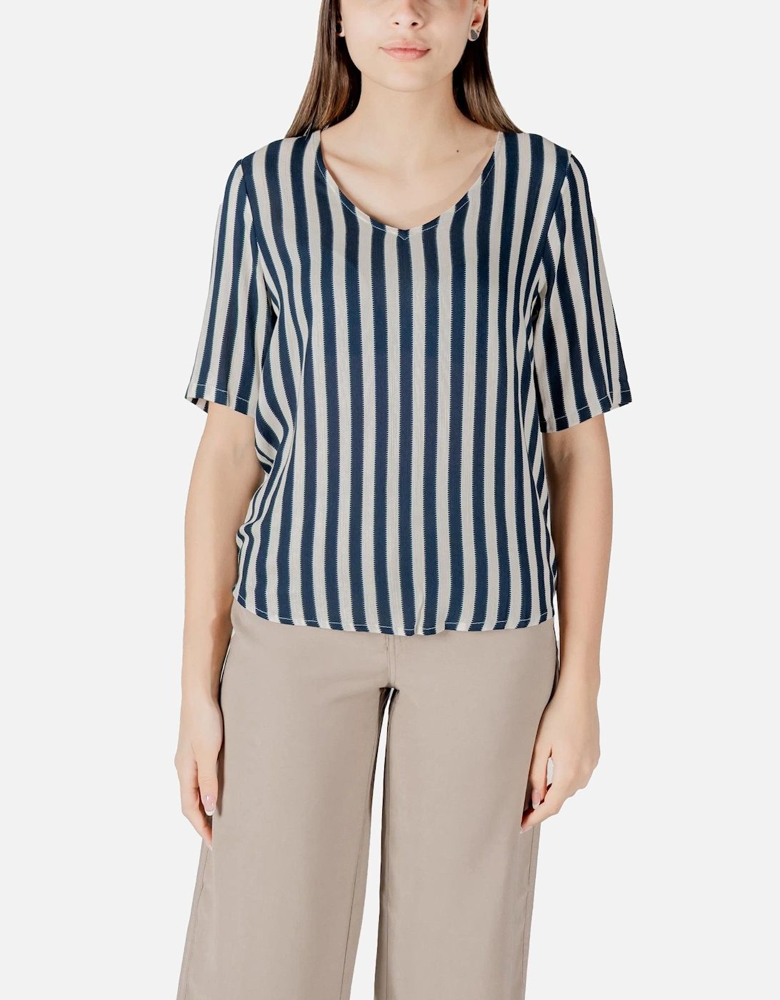 Striped V-Neck Short Sleeve Blouse Women - Blue, 4 of 3
