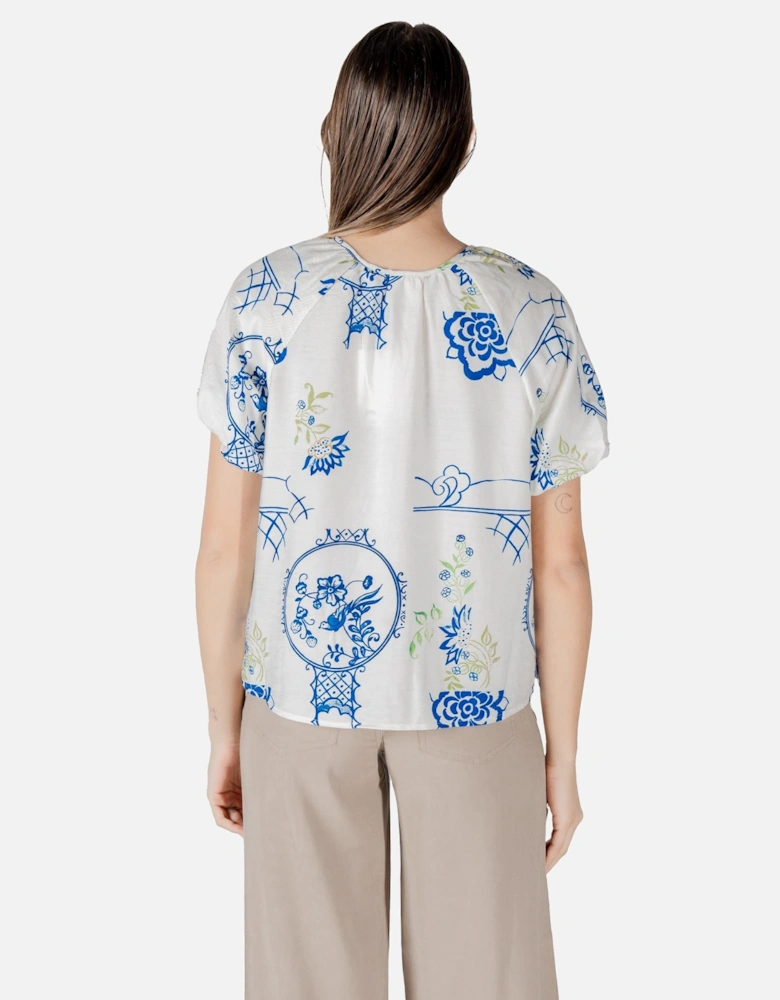 Floral Button-Down Short Sleeve Blouse Women - White