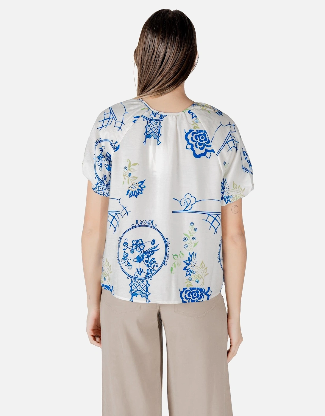 Floral Button-Down Short Sleeve Blouse Women - White