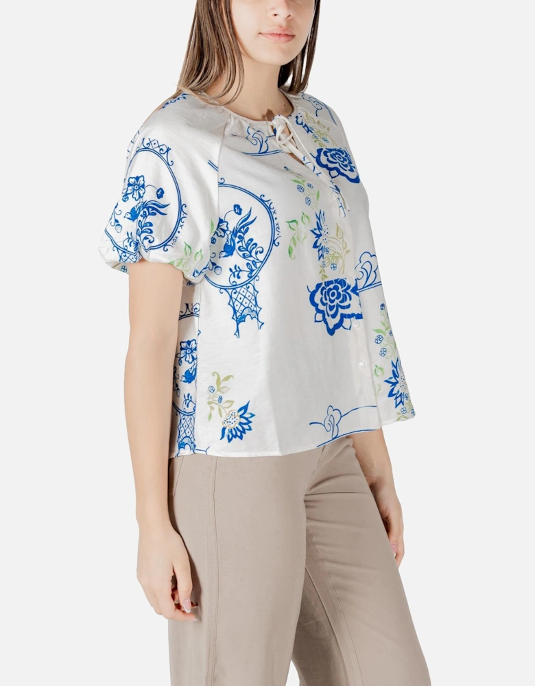Floral Button-Down Short Sleeve Blouse Women - White