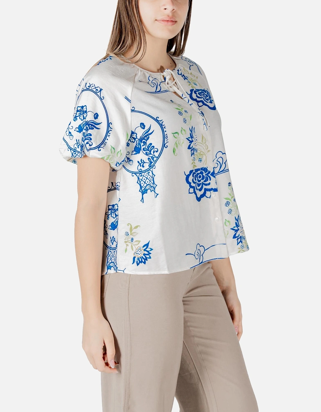 Floral Button-Down Short Sleeve Blouse Women - White