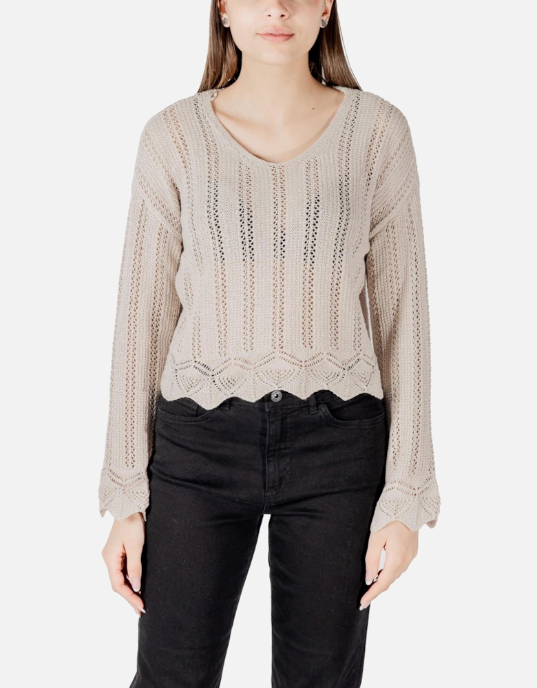 V-Neck Long Sleeve Knit Sweater Women - Beige Knitwear