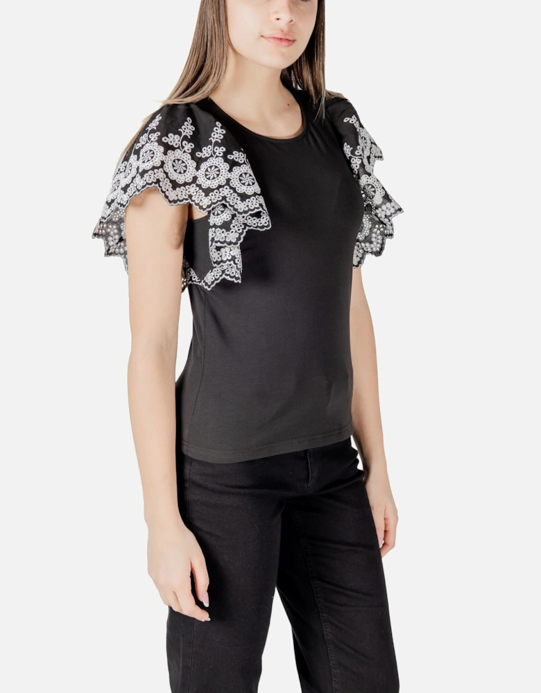 Short Sleeve Button Blouse with Round Neck Women - Black