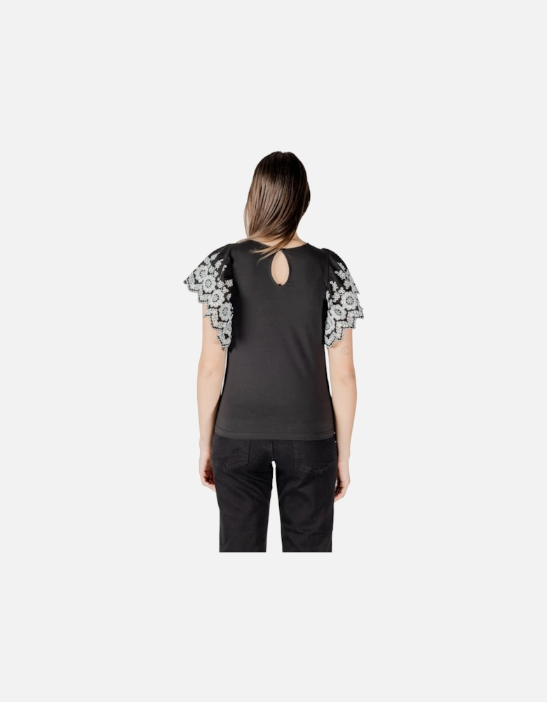 Short Sleeve Button Blouse with Round Neck Women - Black