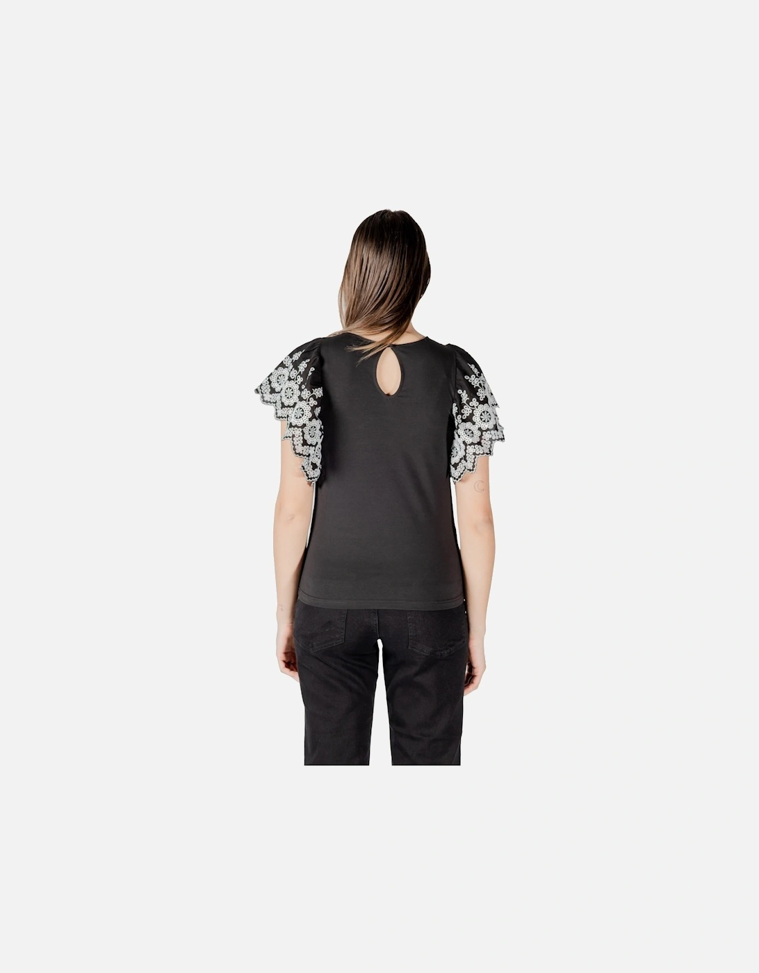 Short Sleeve Button Blouse with Round Neck Women - Black