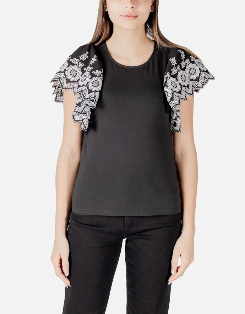 Short Sleeve Button Blouse with Round Neck Women - Black