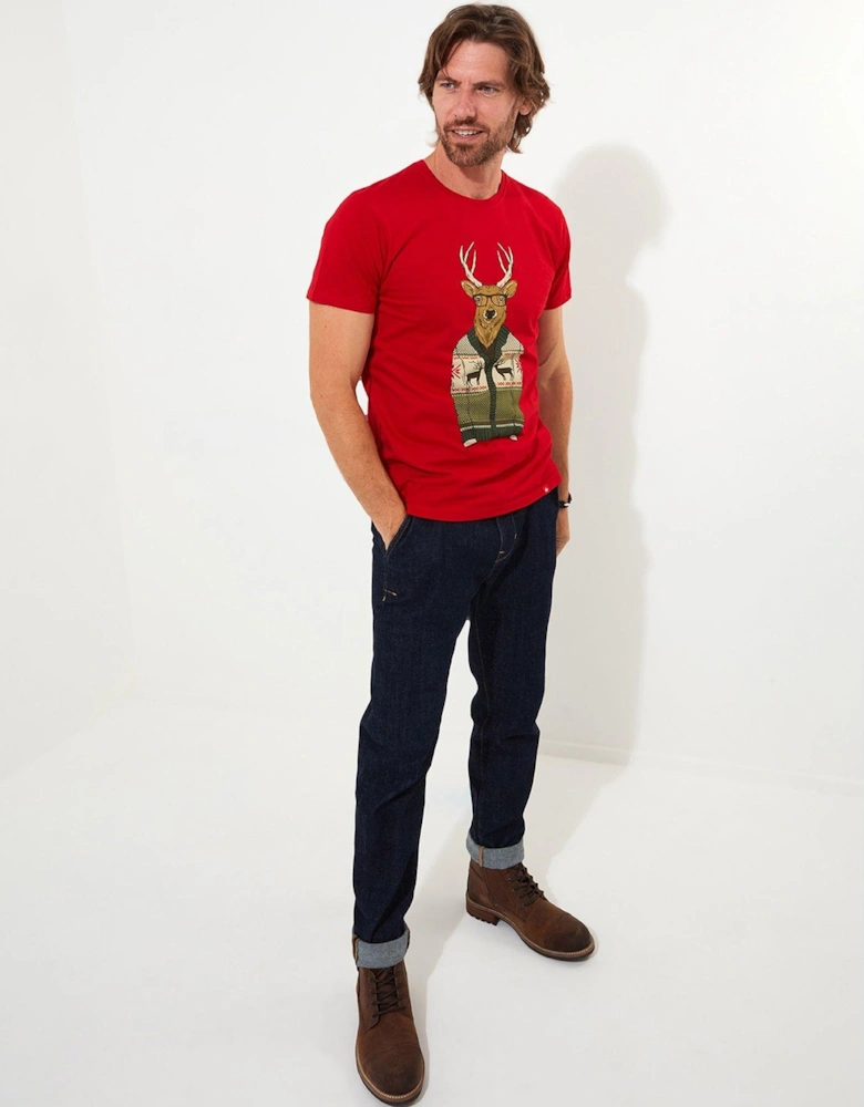 Novelty Christmas Stag Graphic T-shirt - Red