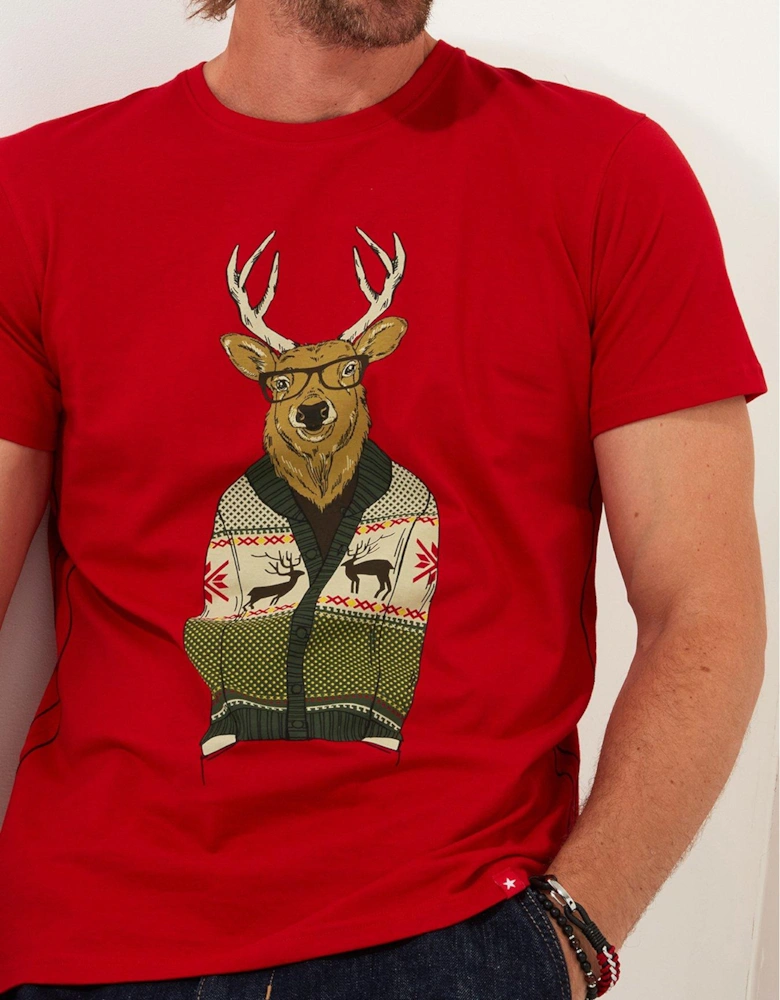 Novelty Christmas Stag Graphic T-shirt - Red