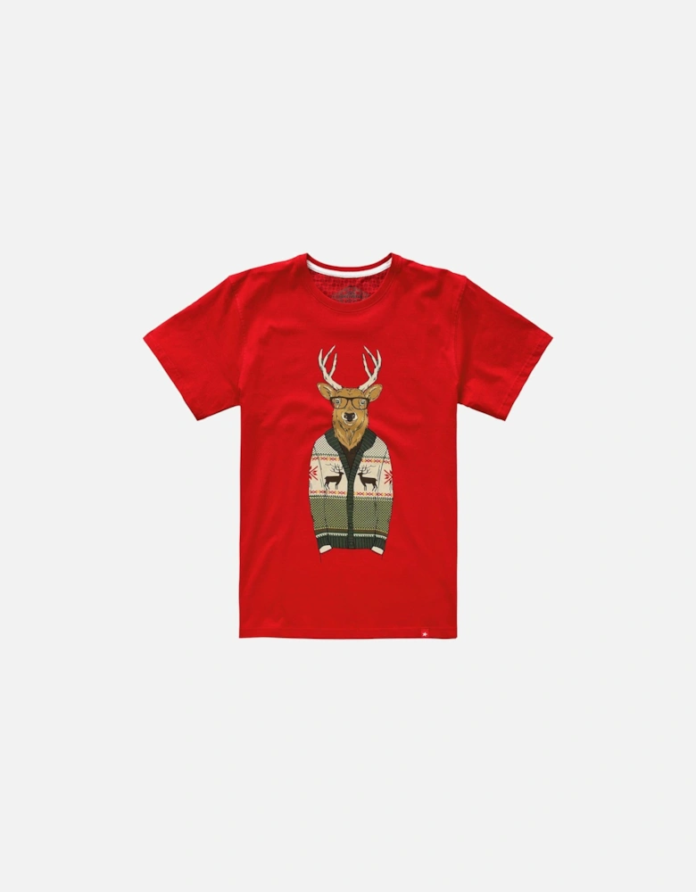 Novelty Christmas Stag Graphic T-shirt - Red