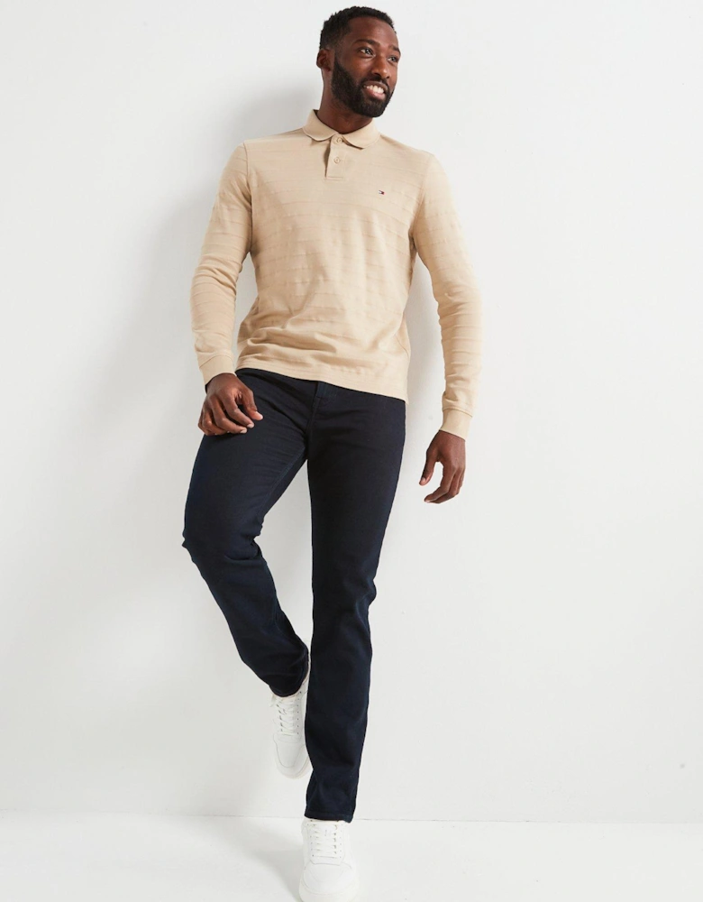 Regular Fit Mercerised Cotton Jacquard Stripe Long Sleeve Polo Shirt - Beige