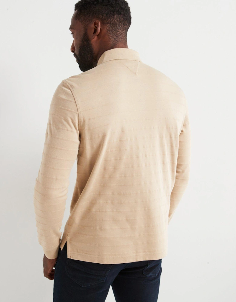 Regular Fit Mercerised Cotton Jacquard Stripe Long Sleeve Polo Shirt - Beige