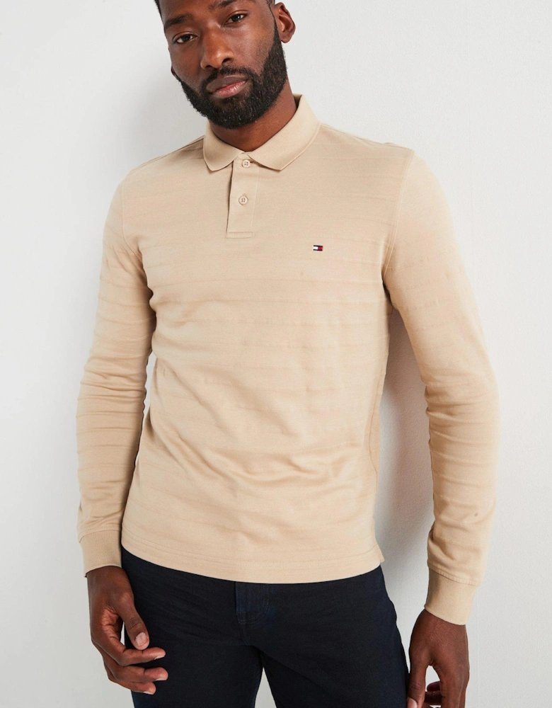 Regular Fit Mercerised Cotton Jacquard Stripe Long Sleeve Polo Shirt - Beige