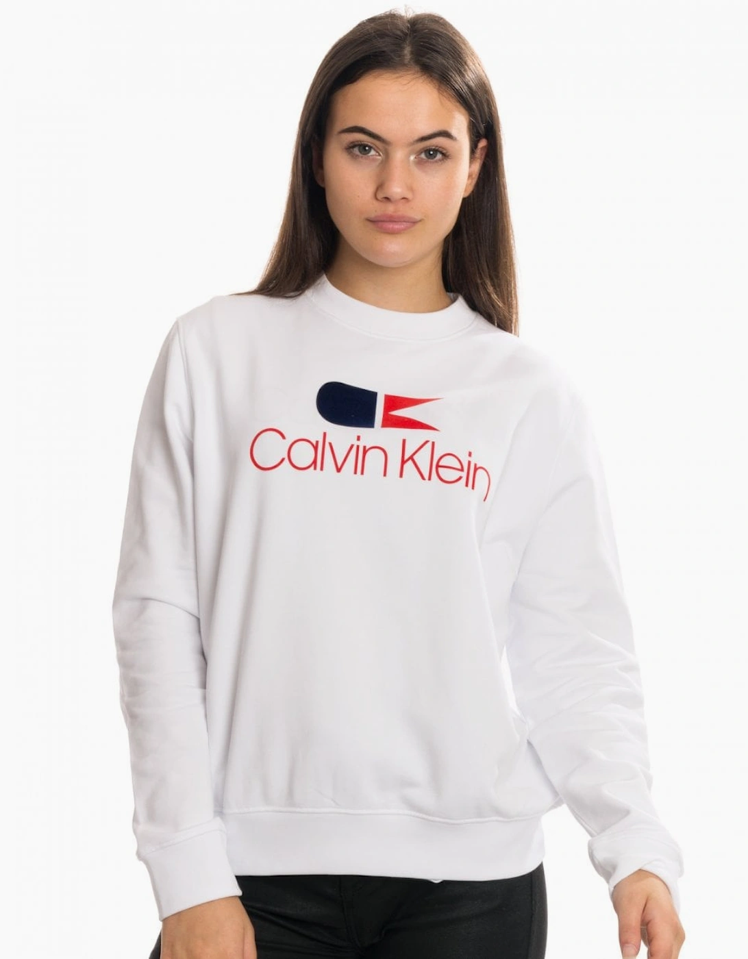 Women's Calvin Klein Vintage Logo Large Long Sleeve Womens Sweatshirt - White - Size: 10/8