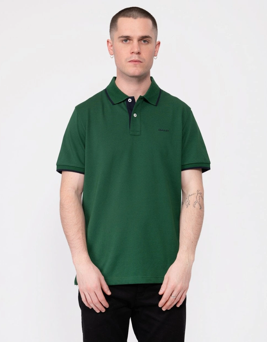 Gant Men's Green Tipped Short Sleeve Pique Polo - : 40/Regular L