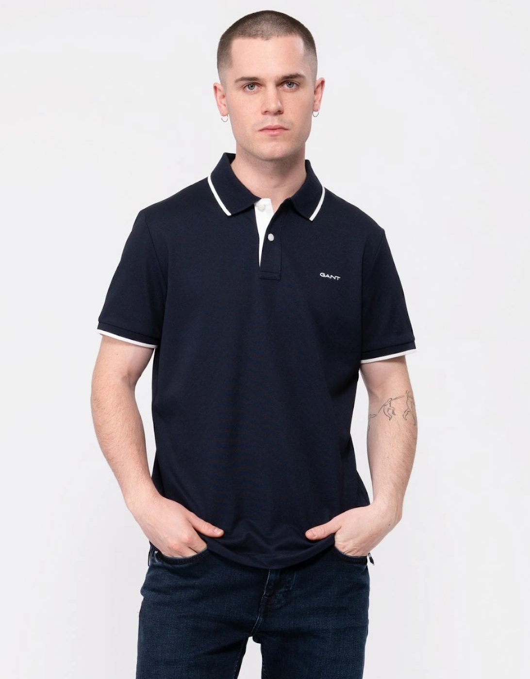 Gant Men's Navy Tipped Short Sleeve Pique Polo - : 40/Regular L