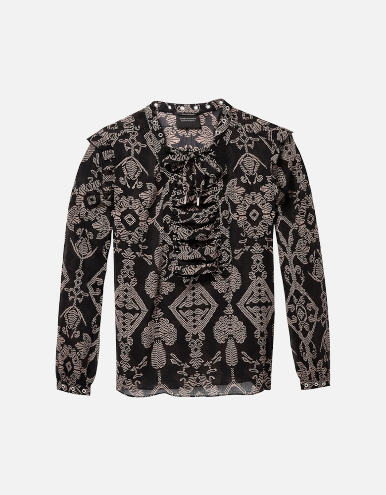 Sheer Printed lace Up Eyelet Details Womens Top