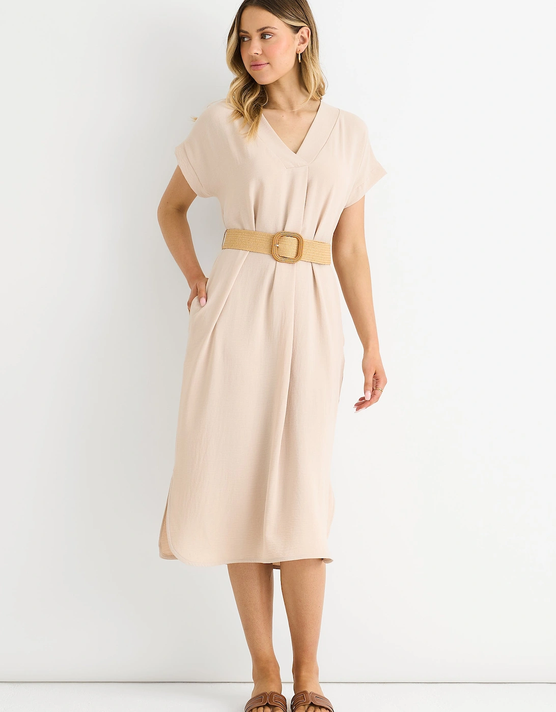 Gini London Women's Beige Air Flow Belted Oversized Dress - Cream - Size: 12/14