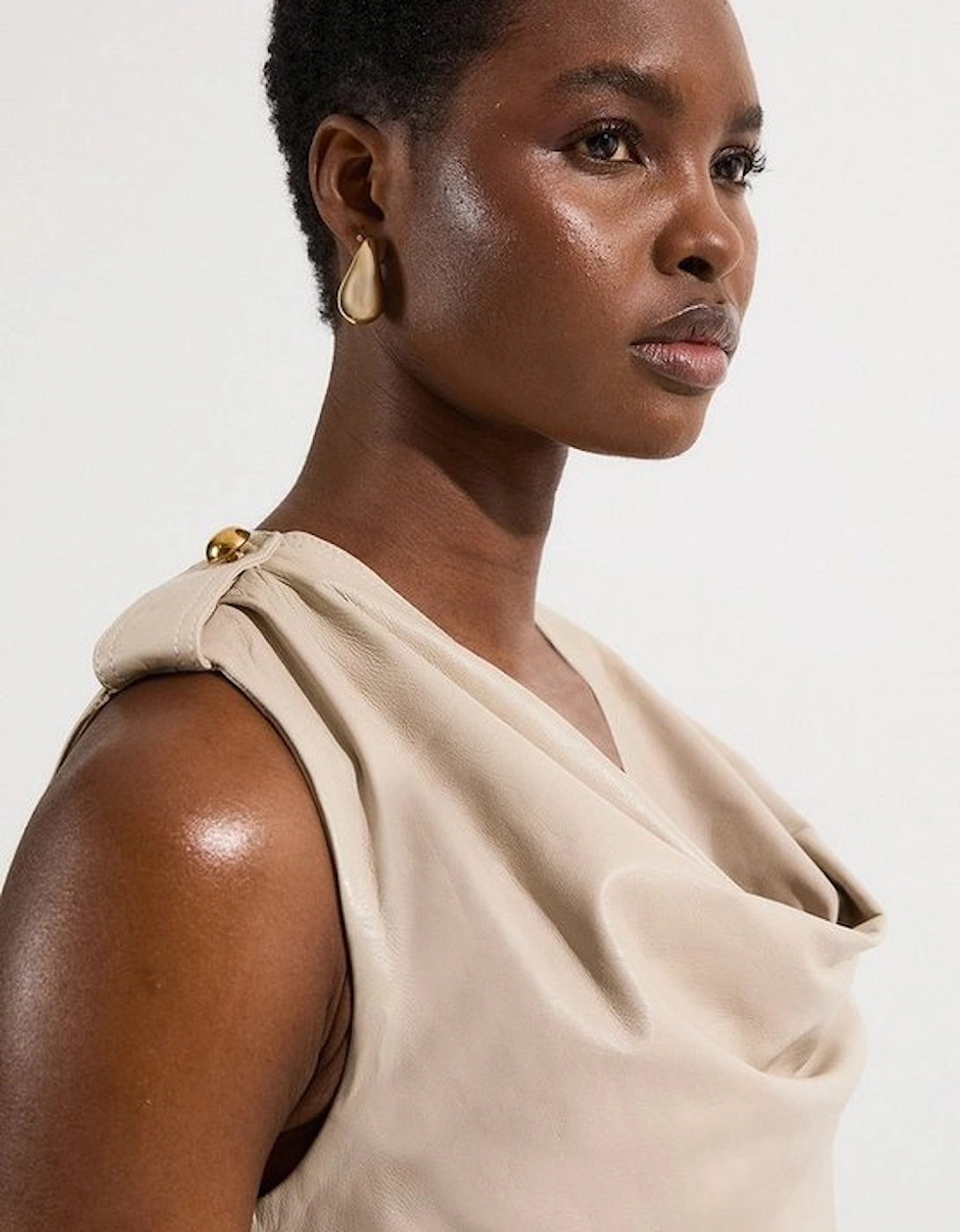 Leather Cowl Neck Drape Pencil Midi Dress