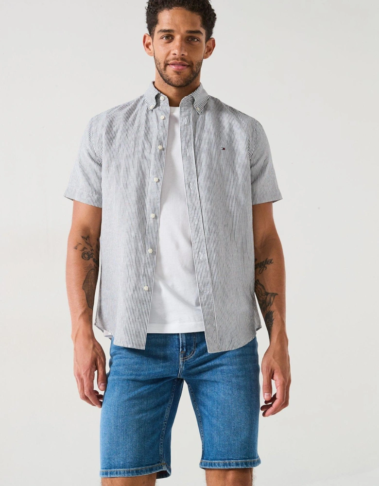 Regular Fit Cotton Linen Essential Stripe Short Sleeve Shirt - White/Black
