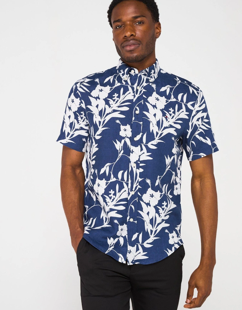 Regular Fit Linen Tropical Print Short Sleeve Shirt - Dark Blue