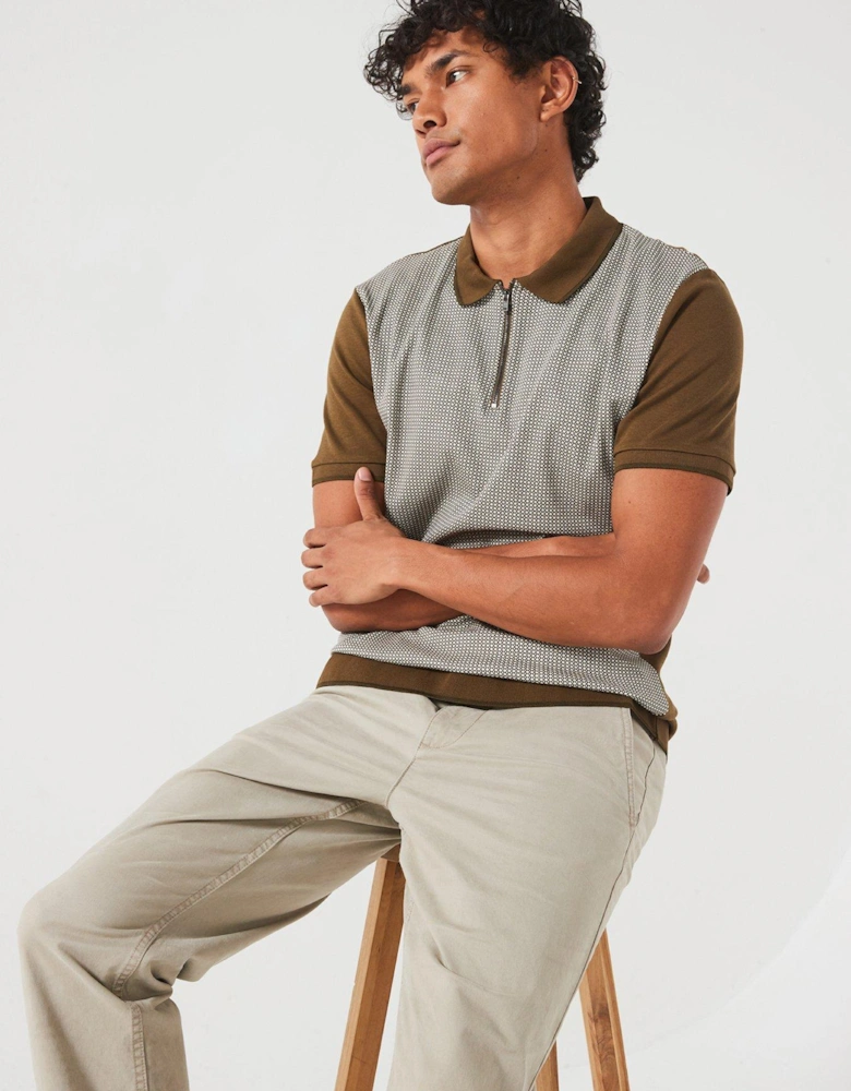 Geo Zip Neck Polo - Natural