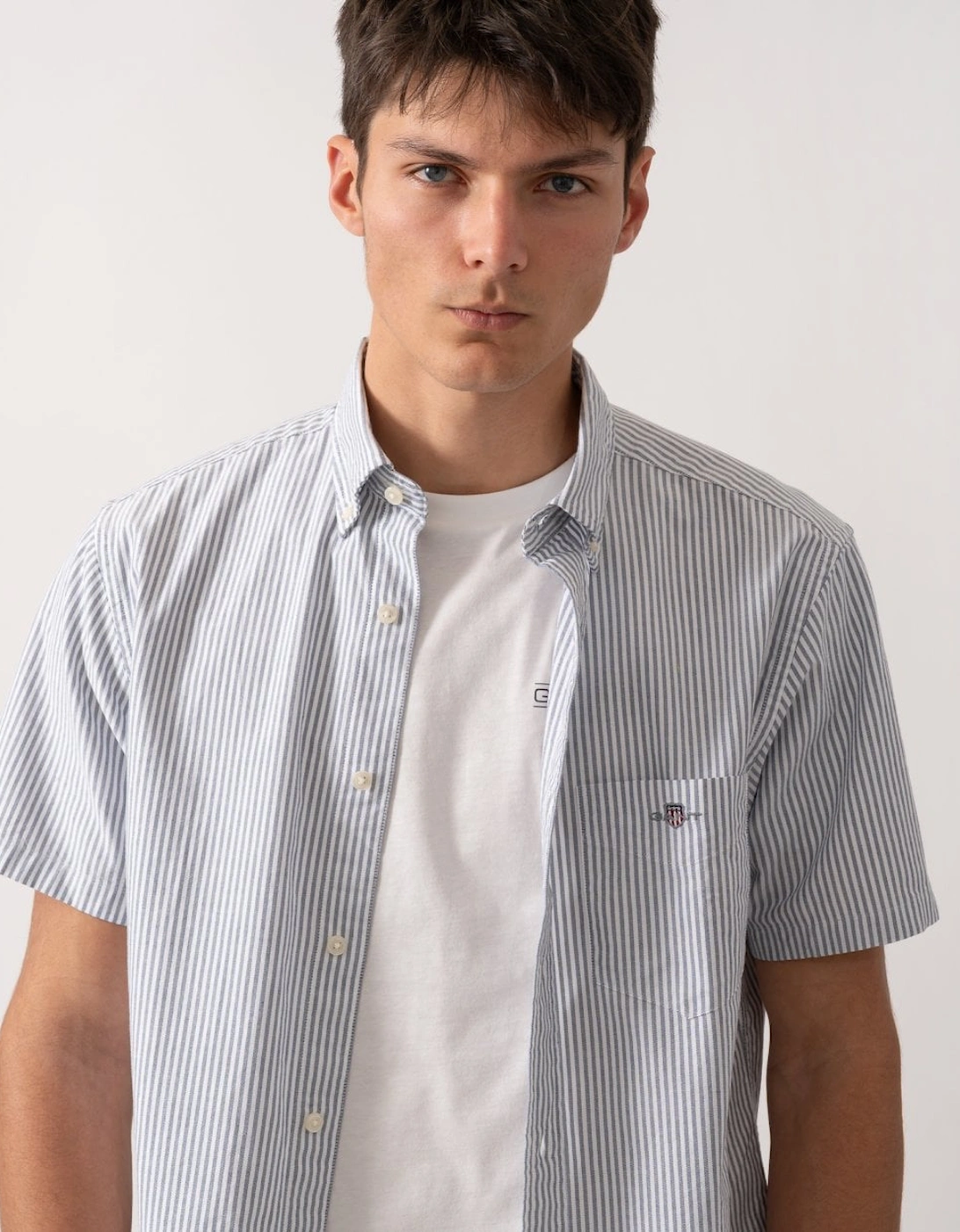 Gant Men's White Regular Fit Classic Oxford Stripe Short Sleeve Shirt - : 42/Regular Xl
