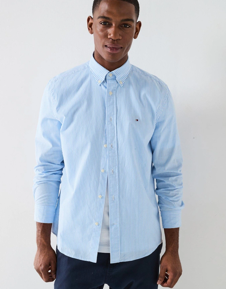 Regular Fit Flex Poplin Classic Stripe Long Sleeve Shirt - Light Blue