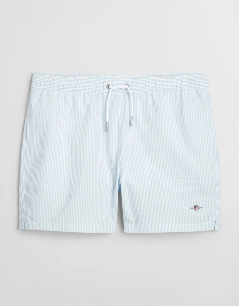 Mens Striped Seersucker Swim Shorts with Embroidered Shield Logo