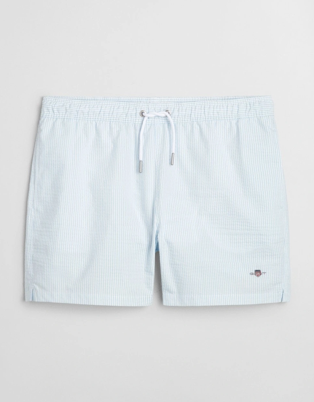 Mens Striped Seersucker Swim Shorts with Embroidered Shield Logo
