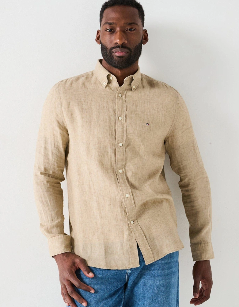 Regular Fit Pigment Dyed Li Solid Long Sleeve Shirt - Natural