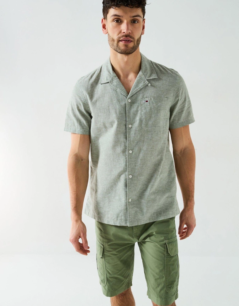 Linen Blend Camp Collar Short Sleeve Shirt - Green