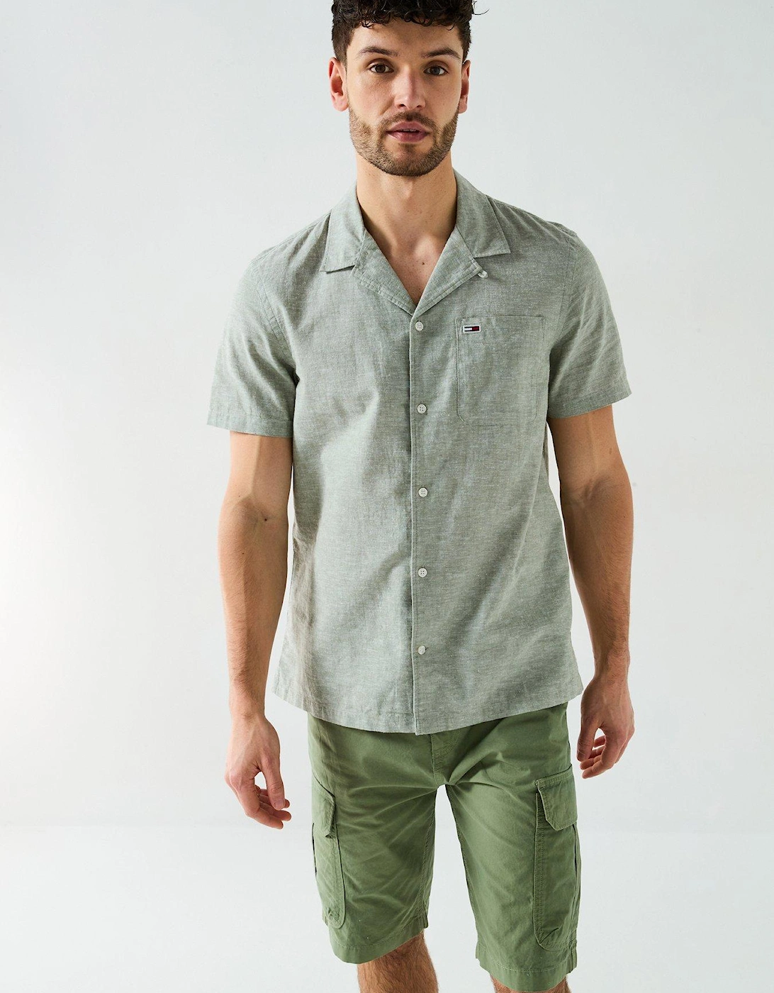Linen Blend Camp Collar Short Sleeve Shirt - Green, 2 of 1