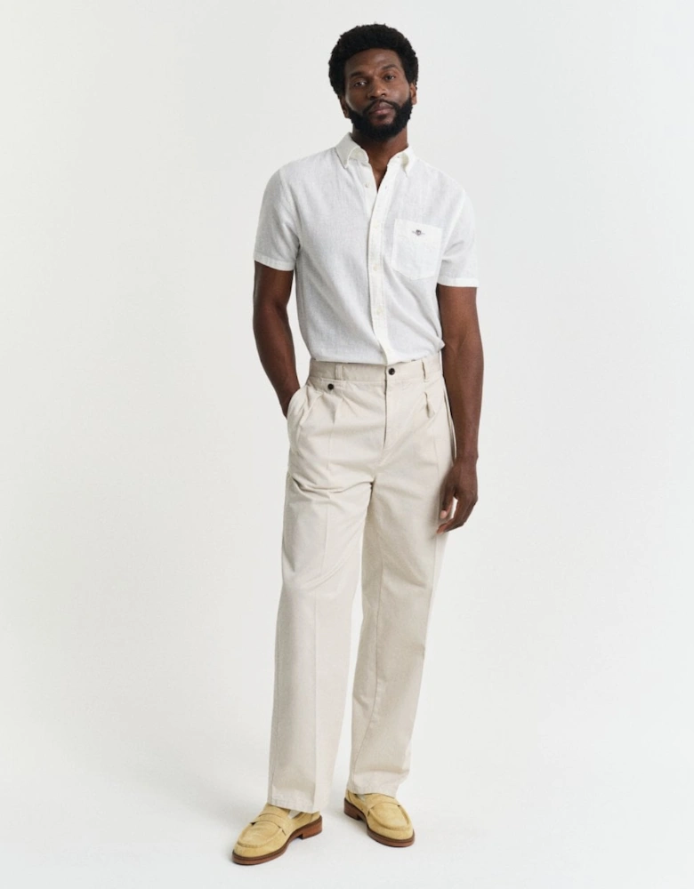 Mens Regular Fit Cotton Linen Short Sleeve Shirt with Embroidered Shield