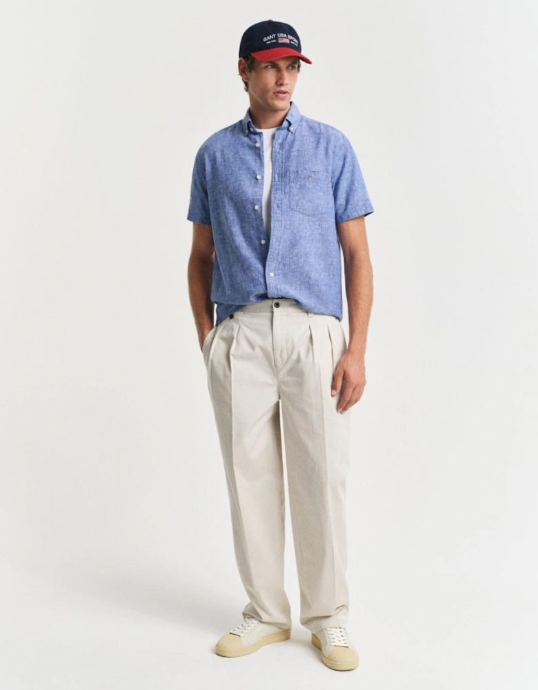 Mens Regular Fit Cotton Linen Short Sleeve Shirt with Embroidered Shield