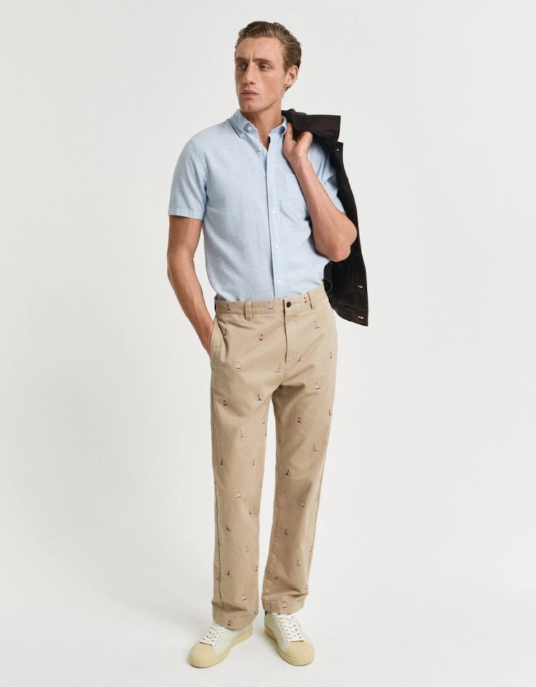 Mens Regular Fit Cotton Linen Short Sleeve Shirt with Embroidered Shield