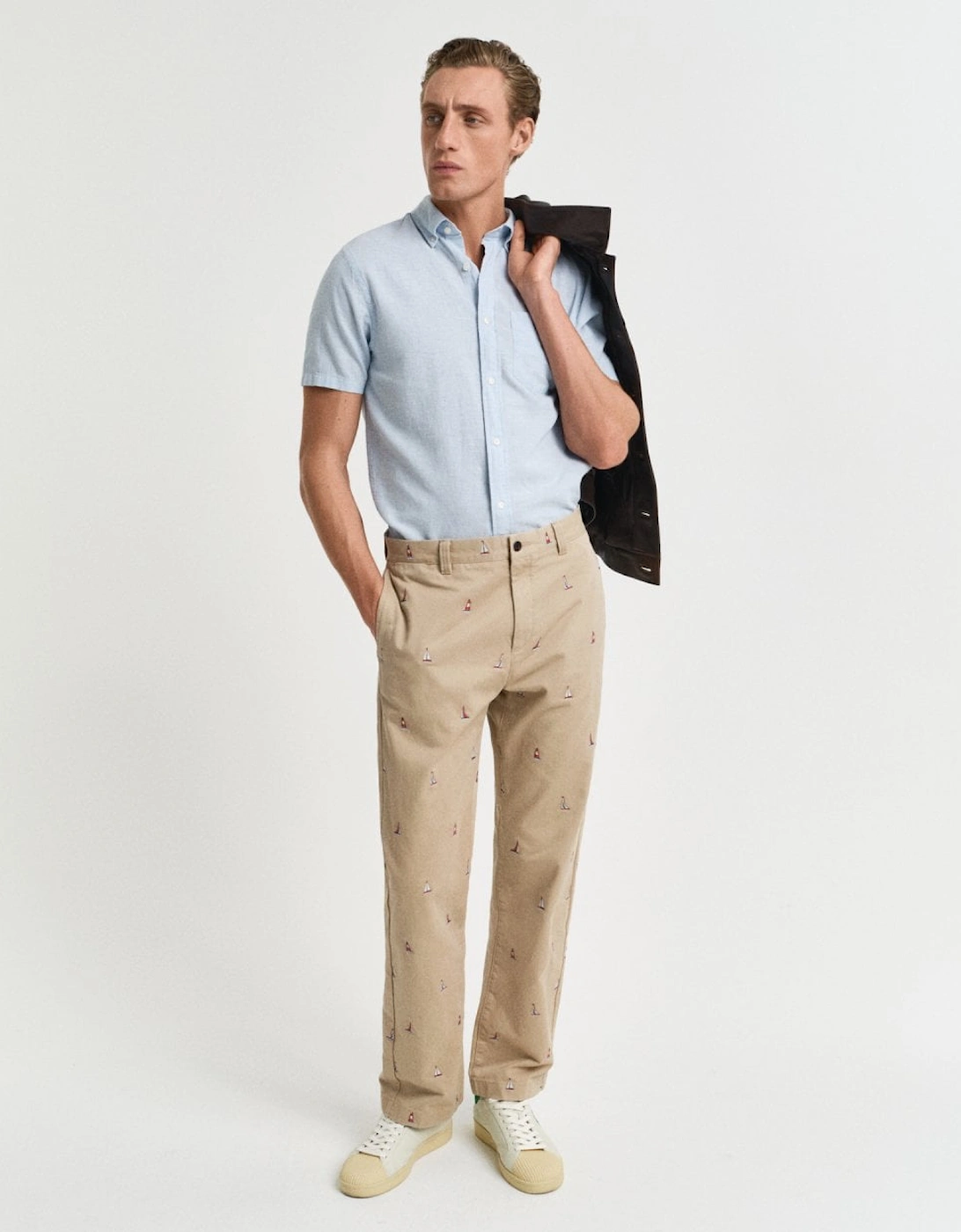 Mens Regular Fit Cotton Linen Short Sleeve Shirt with Embroidered Shield