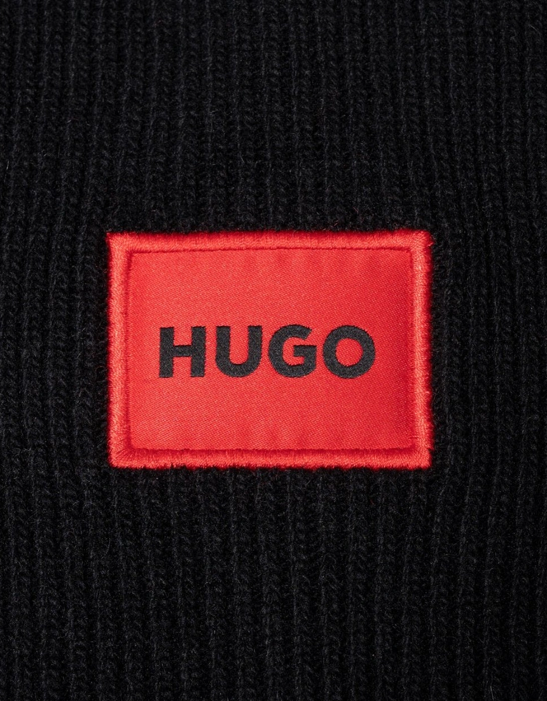 HUGO Xaff 6 Mens Knitted Beanie Hat With Ribbing and Red Logo Label - Black 001