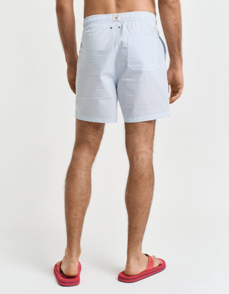 Mens Striped Seersucker Swim Shorts with Embroidered Shield Logo