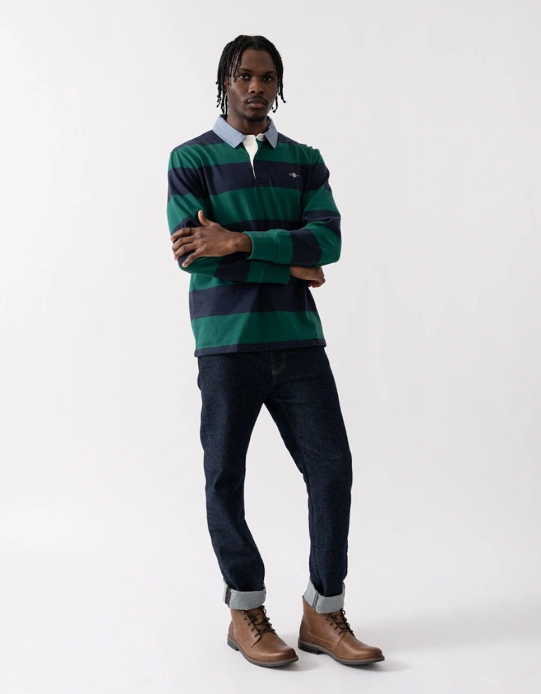 Mens Regular Fit Chambray Stripe Heavy Rugger - 373 Deep Forest Green