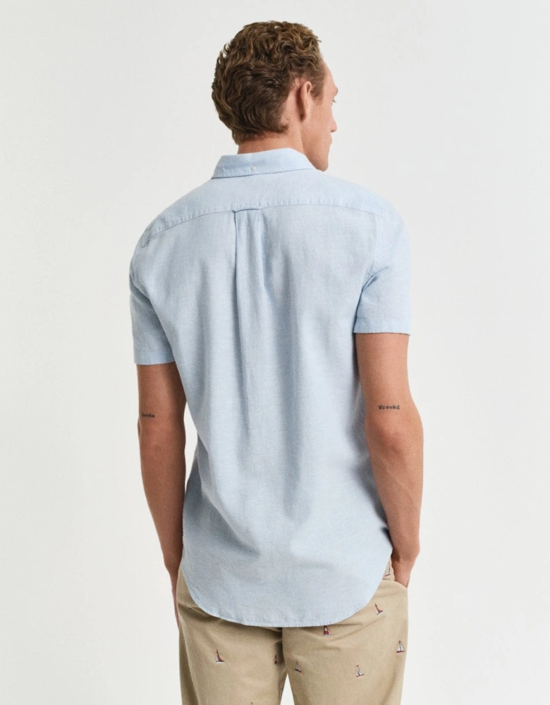 Mens Regular Fit Cotton Linen Short Sleeve Shirt with Embroidered Shield