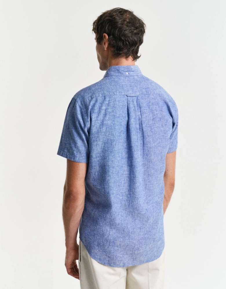 Mens Regular Fit Cotton Linen Short Sleeve Shirt with Embroidered Shield
