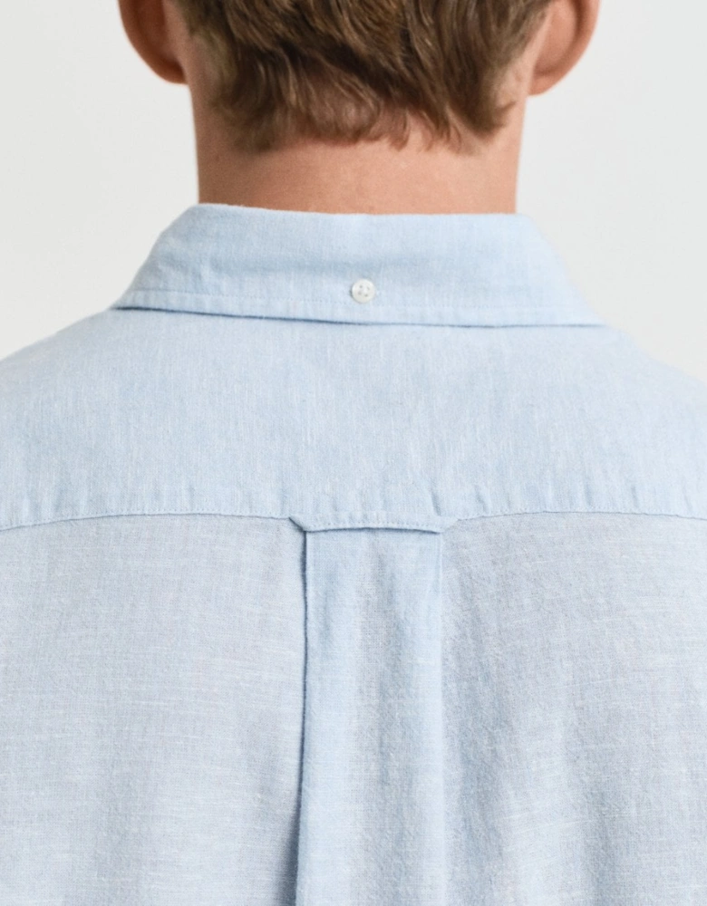 Mens Regular Fit Cotton Linen Short Sleeve Shirt with Embroidered Shield