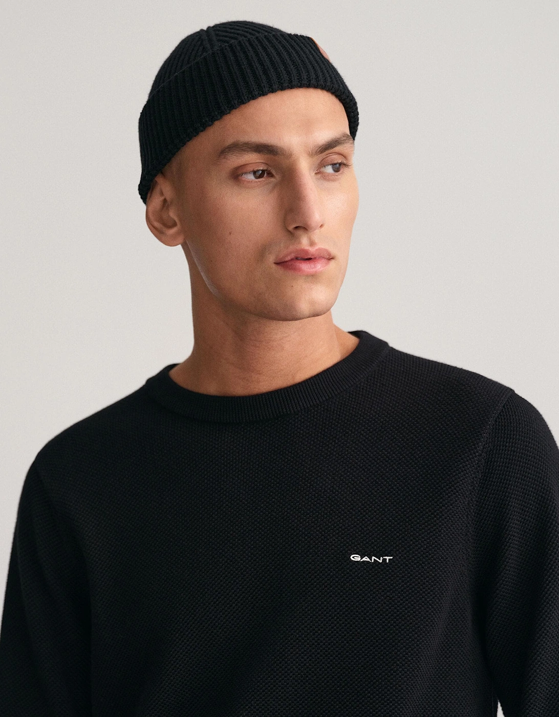 Gant Men's Black Cotton Pique Crew Neck Jumper - : 40/Regular L